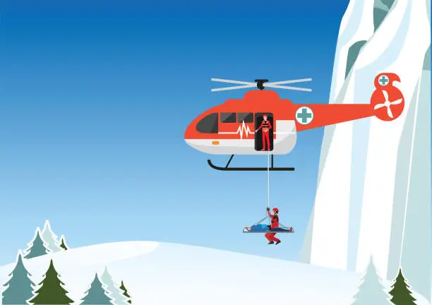 Vector illustration of Rescue helicopter. Rescuers rescue mountain climbers in the mountains. Vector illustration.