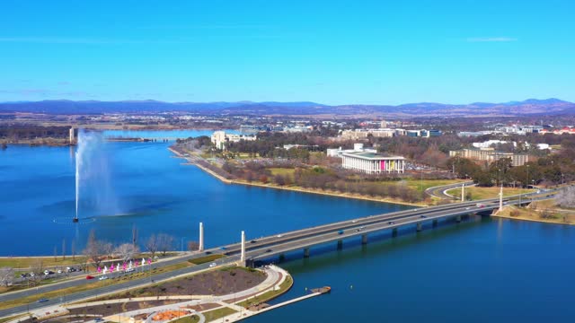 Aerial drone view of Lake Burley Griffin with the Captain James Cook Memorial Jet