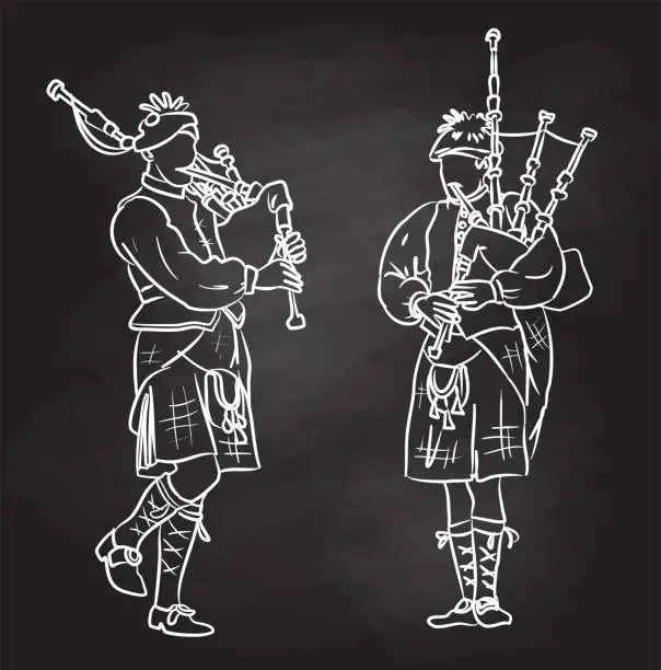 Vector illustration of Bagpipers Scottish Kilts Blackboard