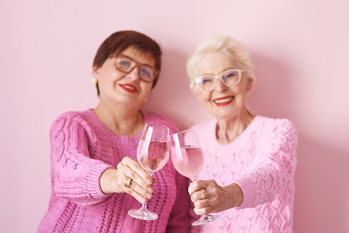 Two multi-ethnic women in the kitchen raising their wine glasses for a celebratory toast. The one on the left is a senior African-American woman in her 60s. Her friend is a mature Hispanic woman in her 50s. They are smiling at the camera.