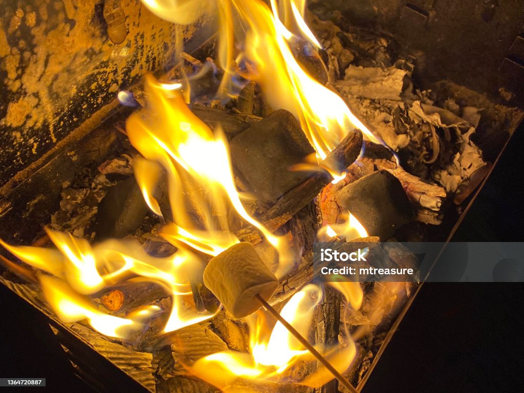Image of unrecognisable person toasting marshmallows over roaring, dancing flames from wood burner on patio against night sky, outdoor garden party celebrating Punjab Lohri Winter Solstice festival Stock photo showing large flames in a fire pit at an outdoor patio party, which has been lit in celebration of Lohri (Lal Loi) Winter Solstice festival. Barbecue - Meal Stock Photo