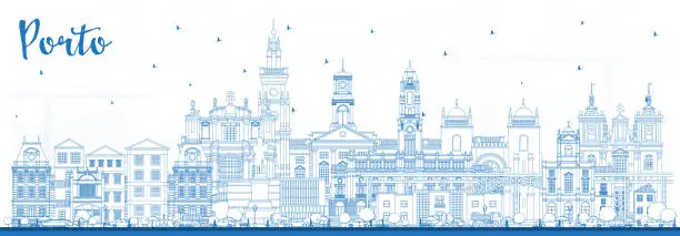 Vector illustration of Outline Porto Portugal City Skyline with Blue Buildings.
