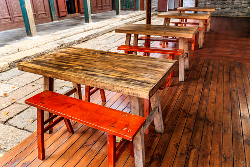 Painted wooden table and bench, traditional Chinese furniture