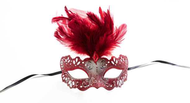 Carnival mask isolated on white background, Venetian theatre female, red color with feather decoration masquerade, front view