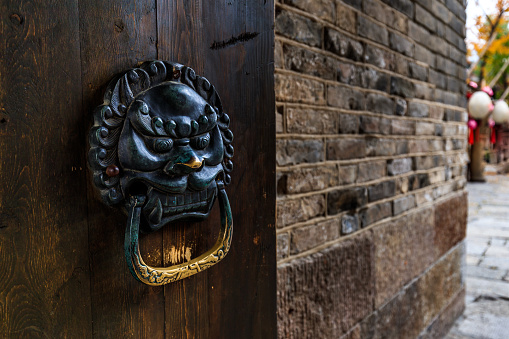 Chinese lion door knocker on wood