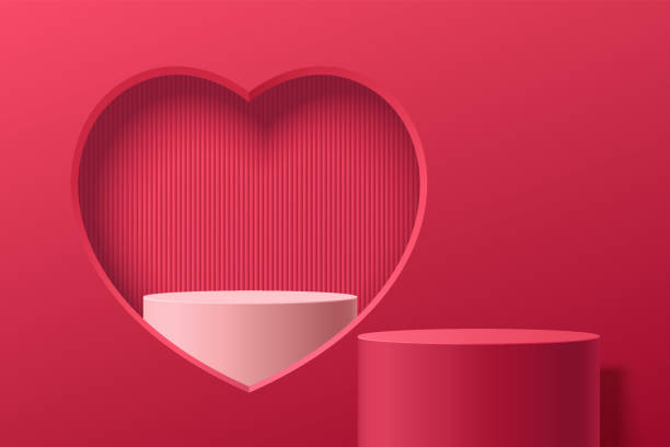 stockillustraties, clipart, cartoons en iconen met realistic red 3d cylinder stand podium with with white podium in heart shape window. valentine minimal scene for products showcase, promotion display. vector abstract studio room  platform design. - spaarzaam compositie