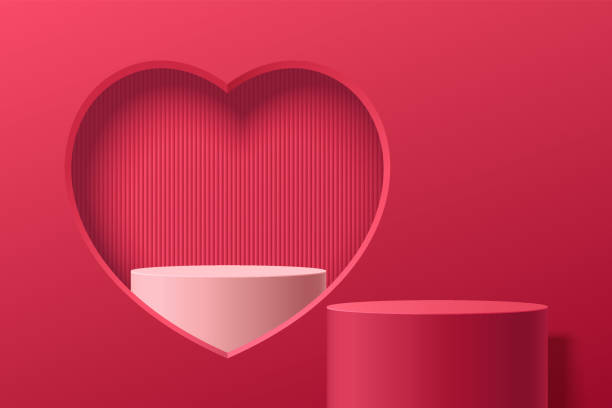 ilustrações de stock, clip art, desenhos animados e ícones de realistic red 3d cylinder stand podium with with white podium in heart shape window. valentine minimal scene for products showcase, promotion display. vector abstract studio room  platform design. - backgrounds wall white red