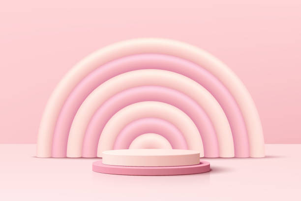 istock Realistic pink 3D cylinder pedestal podium with pink and white balloon arch shape. Valentine pastel minimal scene for products showcase, Promotion display. Vector abstract studio room  platform design 1364723476