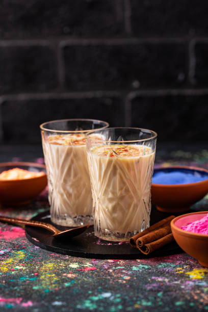 Traditional Indian drink thandai with saffron stock photo
