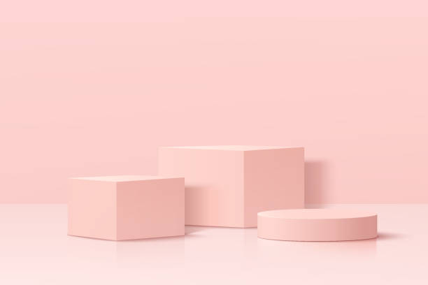 istock Realistic pastel pink 3D geometric pedestal podium set in abstract room. Minimal scene for products showcase, Happy valentine day promotion display. Vector platform design. Vector illustration 1364724547