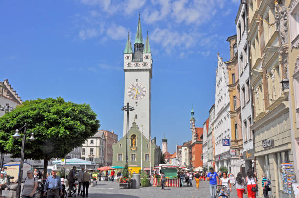 Main square of Straubing with its city tower, Bavaria - Germany