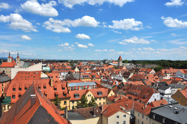 istock Panoramic view over bavarian city Regensburg, Germany 1364726764