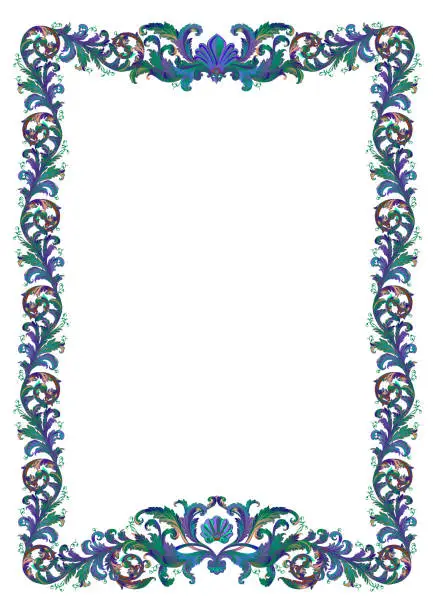 Vector illustration of Frame for a4 format letters. Floral ornament in blue tones.