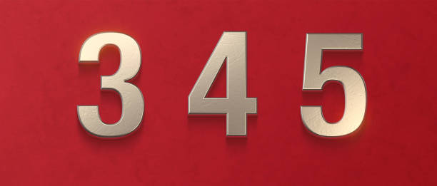 3d alphabet, detto of metallic numbers on Red background, 3d illustration, three, four, five
