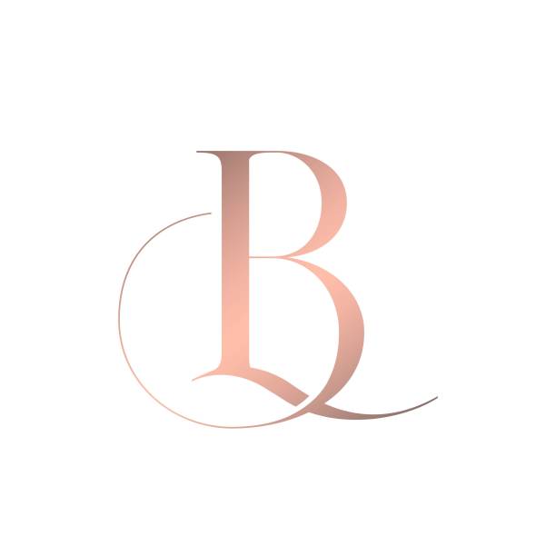 BL monogram logo. Calligraphic alphabet initials. Rose gold color. Lettering icon. Intertwined letter b and letter l isolated on light background. Uppercase character sign. Elegant signature, typography style illustration. Fashion, beauty, wedding mark. Decorative swirl. letter b stock illustrations