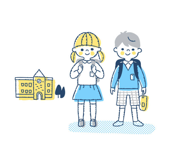 Elementary school boys and girls and school Elementary school students, boys, girls, schools randoseru stock illustrations