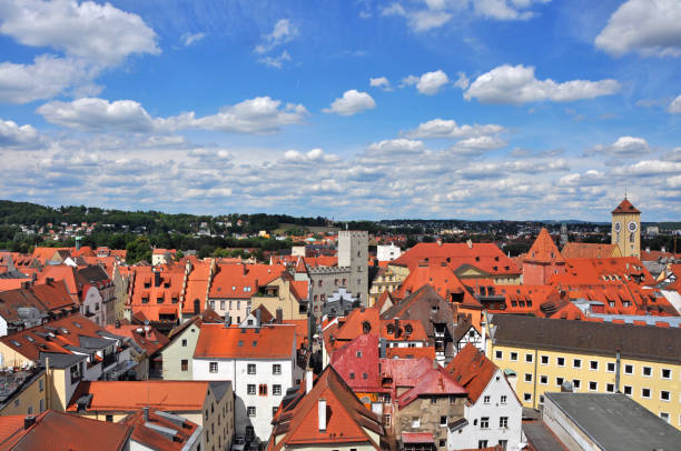 istock Panoramic view over bavarian city Regensburg, Germany 1364737834