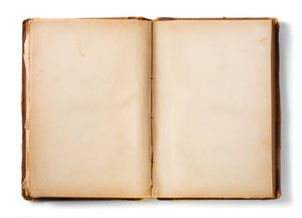 istock Old antique book opened on blank pages. Old pages with small stains and artifacts. 1364739330