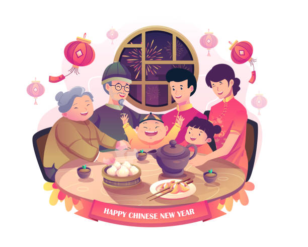 szczęśliwe azjatyckie spotkanie rodzinne to kolacja w chiński nowy rok z chińskim oknem i wiszącymi lampionami na płaskiej ilustracji wektorowej - red lantern stock illustrations