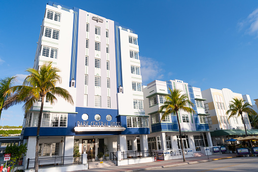 Miami, USA - April 15, 2021: art-deco Park Central hotel on Ocean Drive in Florida.