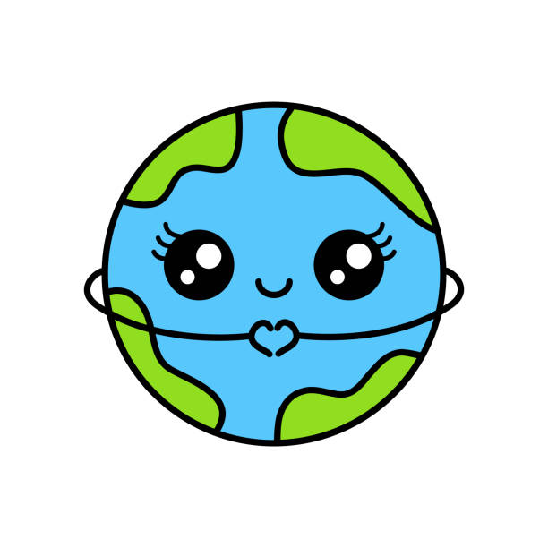 Cute Earth showing heart shape with hands. Cartoon planet Earth smiling with the finger heart gesture. Love nature gratitude concept. Kawaii globe with outline. Vector illustration, flat, clip art. cartoon earth happy planet stock illustrations