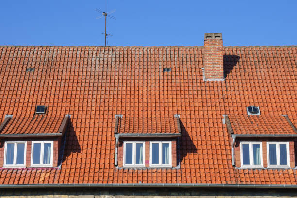 tres ventanas abuhardilladas con mareas en una casa con techo de tejas. contra el fondo del cielo azul. - roof tile roof textured red fotografías e imágenes de stock