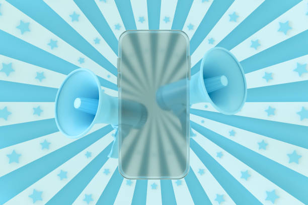 istock Blank screen transparent glass smart phone with megaphone sunburst background 1364744659