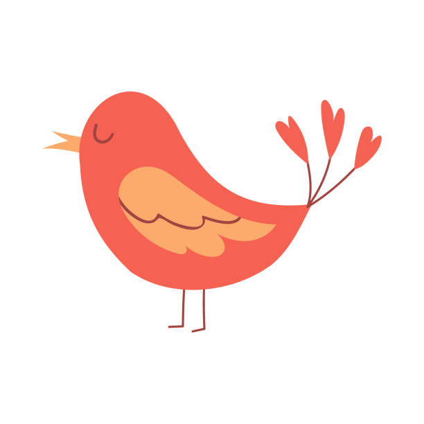 istock A simple cute red bird with heart-shaped feathers on its tail. Cute decorative character for Valentine's Day cards. Simple flat color vector illustration isolated on white background. 1364744674