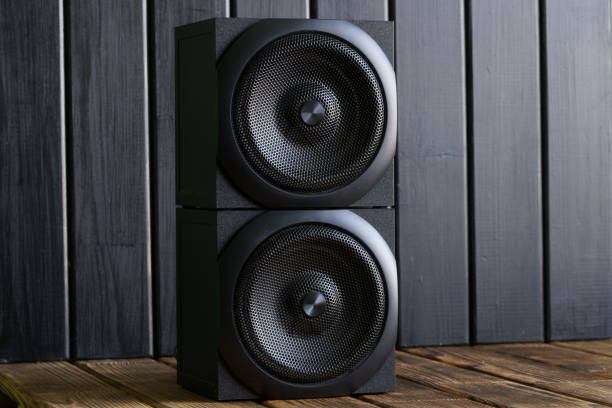 istock An example of installing a two-way speaker system in an eco-friendly interior. Background from natural wooden boards. Scandinavian style 1364745230