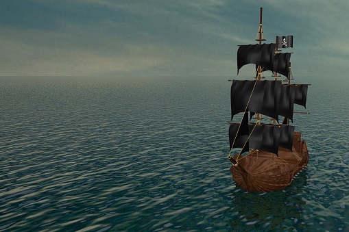 Pirate ship sailing over the sea, 3d rendering