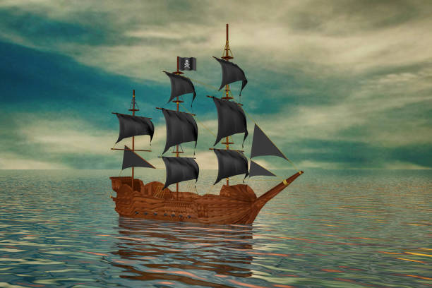 The ancient ship in the sea at sunset