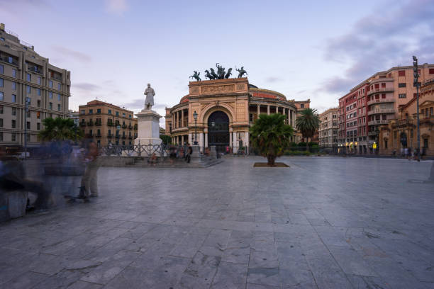 Piazza Ruggero Settimo in Palermo at sunset. Sicily, southern Italy.