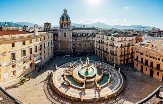 Aerial view of Pretoria Fountain in Palermo, Sicily, Italy. Piazza Pretoria.