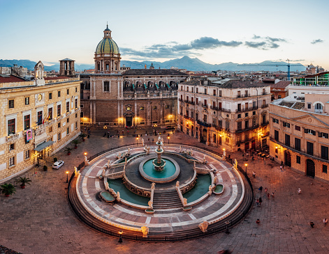 Aerial view of Pretoria Fountain in Palermo at sunset, Sicily, Italy. Piazza Pretoria.