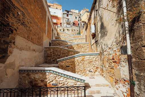 Zig zag staircase in Sciacca, Sicily, Italy. Sunny day.