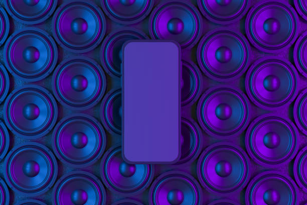 istock Smart phone mobile application presentation mockup neon lighting audio speaker black background 1364745711