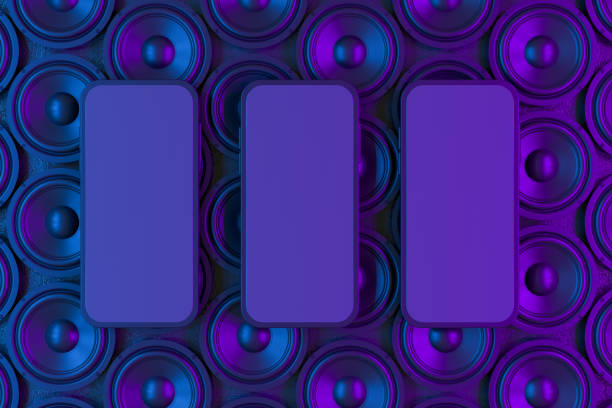 Smart phone mobile application presentation mockup neon lighting audio speaker black background