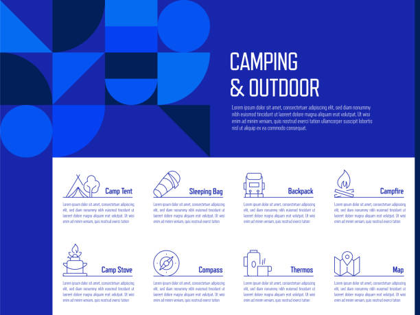 camping- und outdoor-konzept vector line infografik-design mit icons. 8 optionen oder schritte für präsentation, banner, workflow-layout, flussdiagramm usw. - wandern grafiken stock-grafiken, -clipart, -cartoons und -symbole