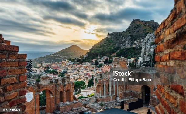 Taormina Ancient Theater At Sunset Stock Photo - Download Image Now - Mt. Etna, Sicily, Sunset