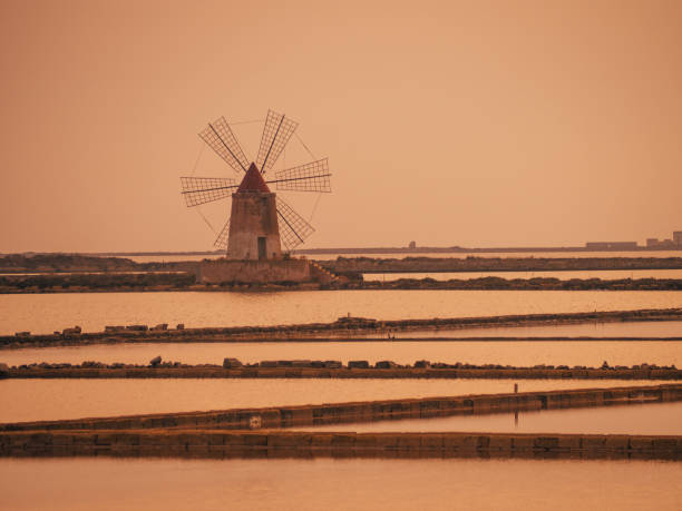 Salt-work panorama with an old wheel barrow and a red windmill. Beautiful water colors, due to bacteria and salt.