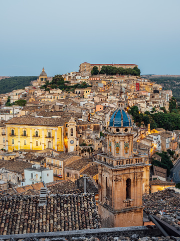 Panoramic view of Ragusa Ibla at sunset. High angle view. Baroque style of Sicily.