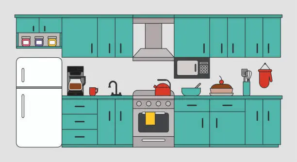 Vector illustration of Kitchen Background Cooking Appliances Flat Design Vector Illustration