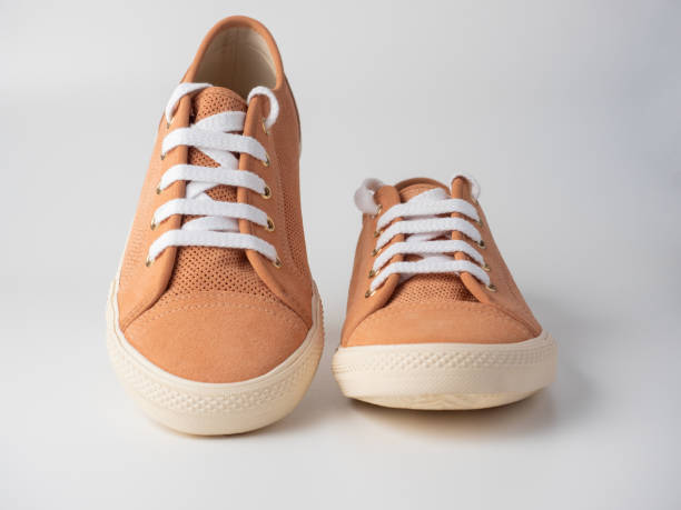 istock Front view of a pair of light brown sneakers standing on a white background. Studio shot. Leather, suede 1364747551
