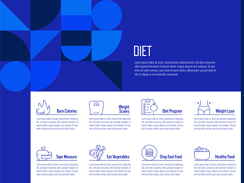 Dieting and Healthy Nutrition Concept Vector Line Infographic Design with Icons. 8 Options or Steps for Presentation, Banner, Workflow Layout, Flow Chart etc.
