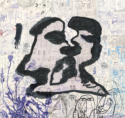 Print of people kissing on graffiti background that represents a busy life