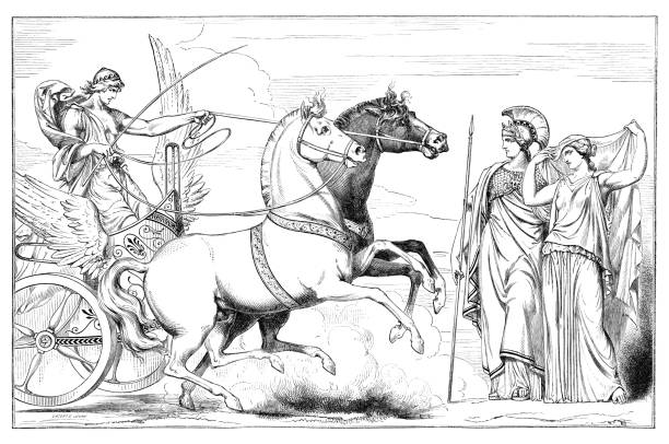 Allegory painting of Plato human soul chariot pulled by horses In the Phaedrus, Plato ( through his mouthpiece, Socrates ) shares the allegory of the chariot to explain the tripartite nature of the human soul or psyche. The chariot is pulled by two winged horses, one mortal and the other immortal."rThe mortal horse is deformed and obstinate - the immortal horse, on the other hand, is noble and game.
The charioteer joins a procession of gods, led by Zeus.
Original edition from my own archives
Source : Magasin Pittoresque 1856
Drawing : Chevignard

Plato ( Platon; 428/427 or 424/423 – 348/347 BC ) was an Athenian philosopher during the Classical period in Ancient Greece, founder of the Platonist school of thought and the Academy, the first institution of higher learning in the Western world. allegory painting stock illustrations
