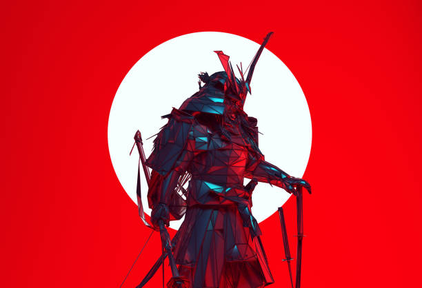 istock Silver Japanese Samurai Cyber Punk Warrior Polygon Form with Large White Sphere Sun with Red Background Futuristic Silhouette 1364755252
