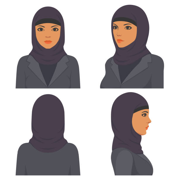 arabian muslim face portrait, Front, profile, side view vector art illustration