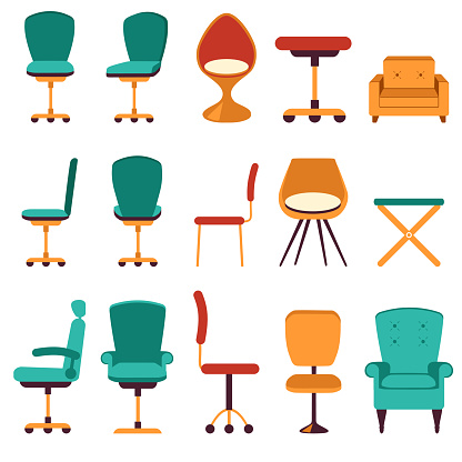 Office chair or desk chair in various points of view. Armchair and stool in front, back, side, furniture for Interior in flat design. vector illustration
