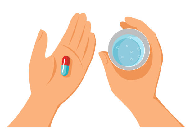 Hands holding pills and glass of water in hands. vector illustration vector art illustration